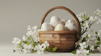 Obraz premium A wooden basket filled with decorated easter eggs among delicate white spring flowers, on a neutral background