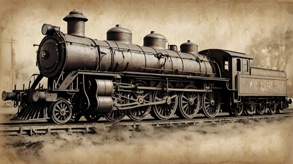 A detailed pencil sketch of a grand steam locomotive from the 1800s, resting at an old station, drawn on aged, slightly crumpled parchment,Generative Ai
