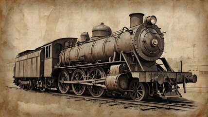 Fototapeta premium A detailed pencil sketch of a grand steam locomotive from the 1800s, resting at an old station, drawn on aged, slightly crumpled parchment,Generative Ai 