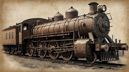 Obraz premium A detailed pencil sketch of a grand steam locomotive from the 1800s, resting at an old station, drawn on aged, slightly crumpled parchment,Generative Ai 
