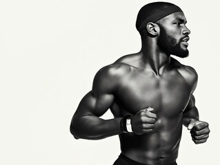 A shirtless man wearing a headband and a watch