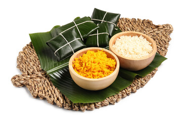 Cut banana leaves with rice isolated on white. Healthy eco serving