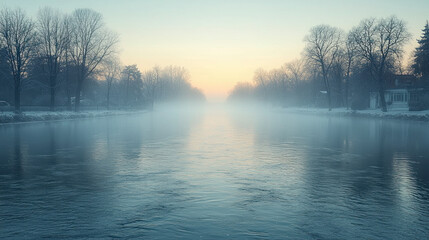 Fototapeta premium Misty river at sunrise in winter.