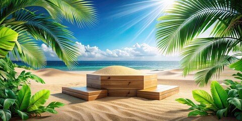 Fototapeta premium Wooden Podium with Tropical Leaves on Sand for Product Presentation, Ideal for Summer Marketing Campaigns, Beach Events, and Nature-Inspired Displays