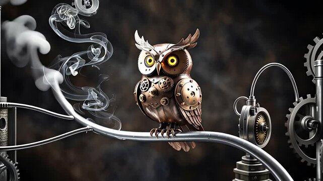 Mechanical Owl Perched on a Pipe with Intricate Gears and Steam in a Steampunk-Inspired Setting

