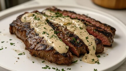 Grilled steaks with herb butter topping on white plate, garnished with fresh parsley, close-up shot of appetizing dish
