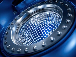 A macro shot of an advanced biometric scanner with glowing concentric circles and dynamic light movements. The device’s sleek metallic finish enhances its cutting-edge appearance. 