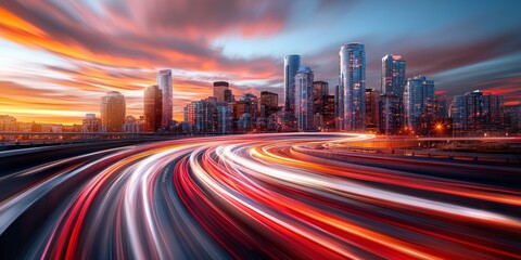 Obraz premium Colorful Sunset Over a City Skyline with Light Trails from Moving Vehicles