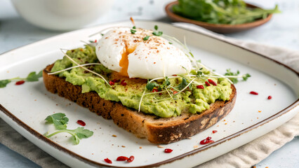 square plate with a slice of toast topped with smashed avocado and a poached egg. The toast is garnished with red pepper flakes.