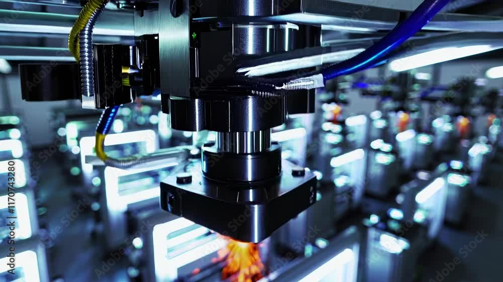 Poster high-tech manufacturing facility showcases advanced 3d printing machines in action during daytime op