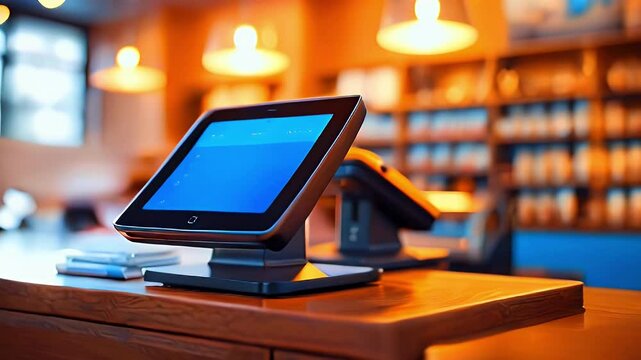 Tablet POS system on cafe counter, shelves blurred.