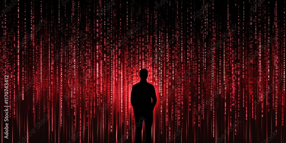 Aufkleber abstract silhouette against a dark background with red data stream