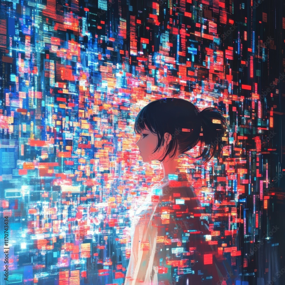Poster digital technology flow and structured data pattern in a vibrant futuristic environment