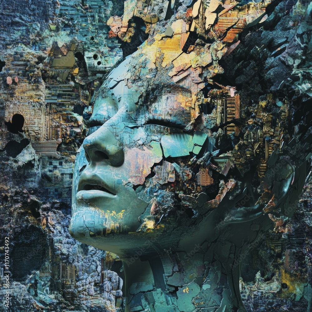 Poster surreal representation of digital fragmentation in human-like head with abstract background