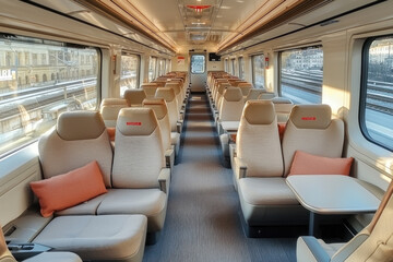 Fototapeta premium Empty modern train carriage interior with comfortable seats.