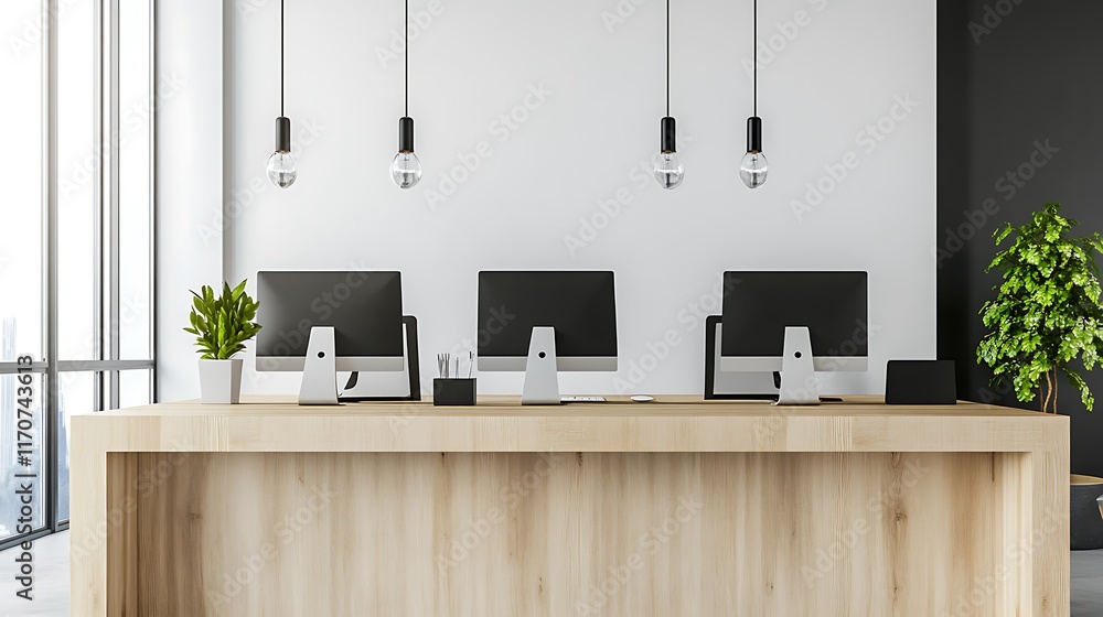 Poster modern minimalist office reception desk with computers