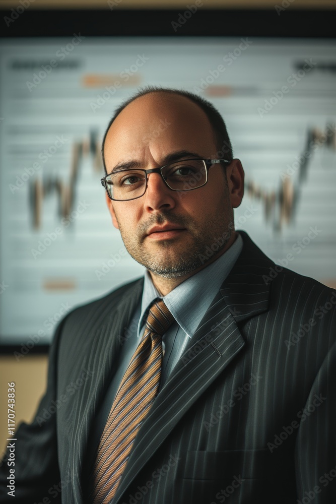 Poster a man in a suit and tie is standing in front of a wall with graphs on it