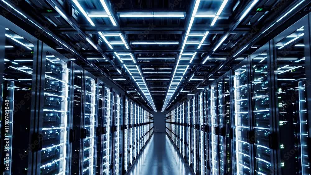 Poster exploring advanced technology in a modern data center filled with servers and high-tech lighting