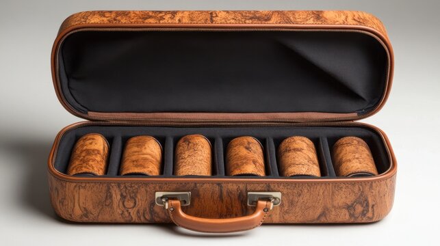Unique, handcrafted wooden case with six beautifully finished polymorphic pieces inside for a refined storage solution. Generative AI