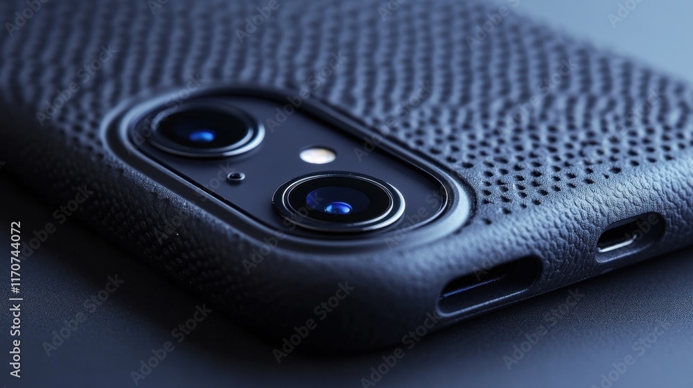 Poster close up of a sleek smartphone case highlighting its texture and camera features on a minimalist sur