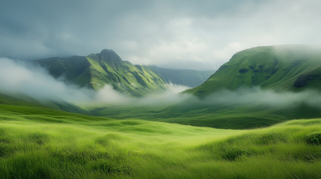 Beautiful vivid green landscape with mountains grass field and clouds. 