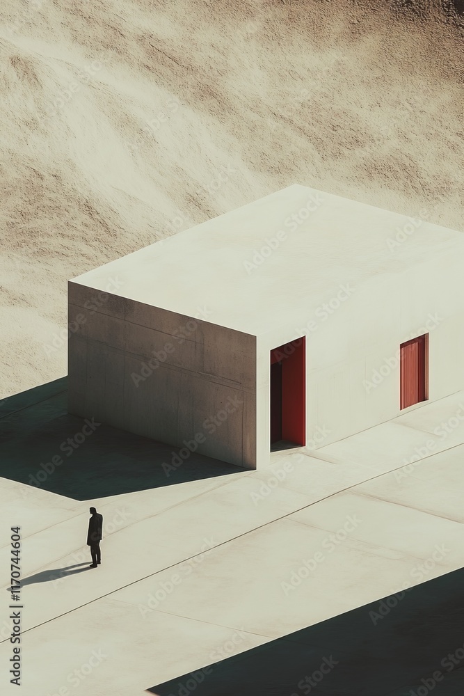 Poster minimalist architecture with figure standing near geometric structure