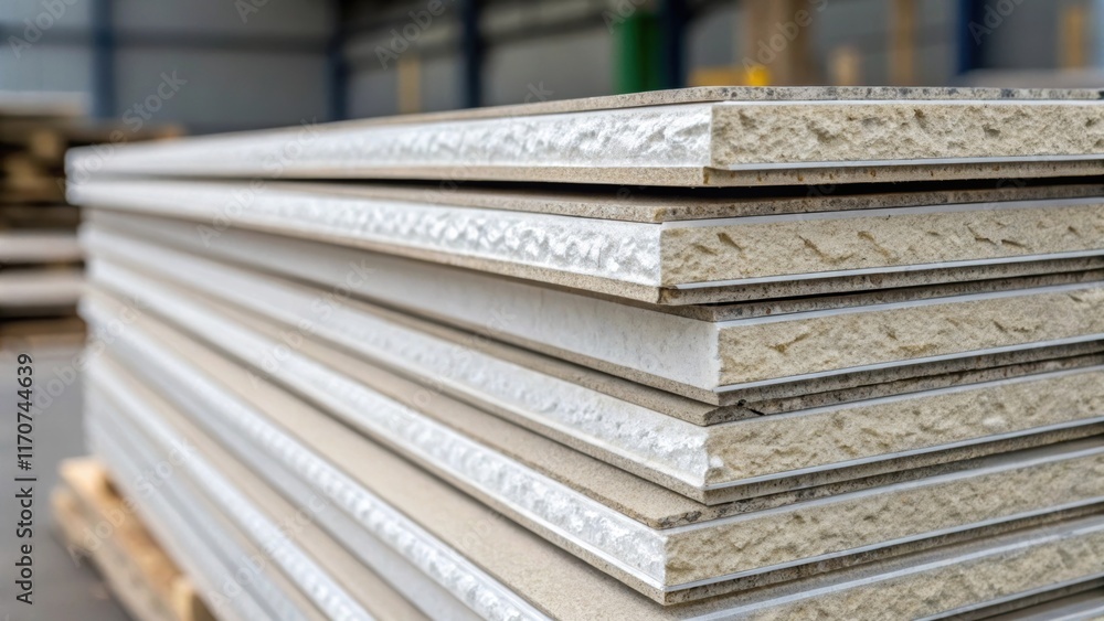 Aufkleber A close focus on a stack of insulated cladding panels highlighting the layered construction that promotes energy efficiency. One can see the fine details of the textured exterior