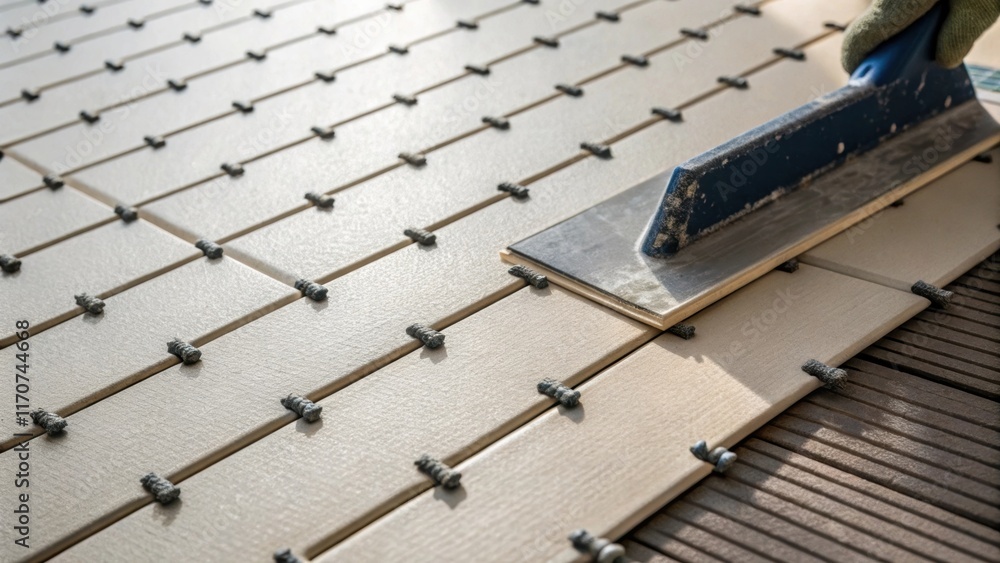 Poster A closein perspective of the textured tiling mat showcasing the meticulous placement of tile spacers with a grout spreader partially visible drenched in shadows that emphasize the