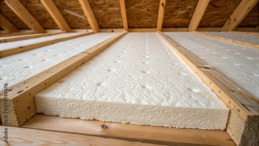Poster A close focus on the surface of an insulation panel reveals the small air pockets that contribute to its thermal resistance. The surrounding wooden joists with visible knots and