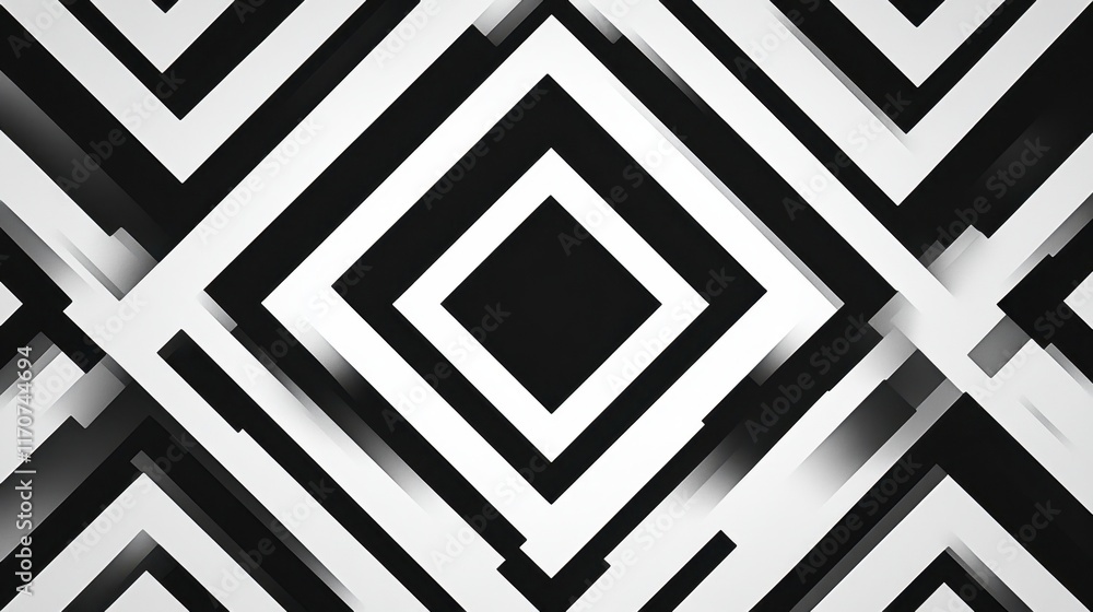 Poster dynamic black and white geometric pattern creating a sense of depth and movement in the design. gene