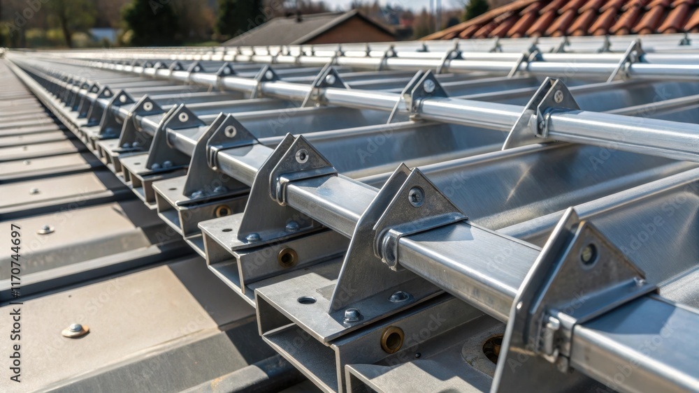 Aufkleber A closein focus on metal gutter connectors and brackets neatly organized on a construction site. Each piece exhibits a precise engineering design with shiny surfaces and sharp