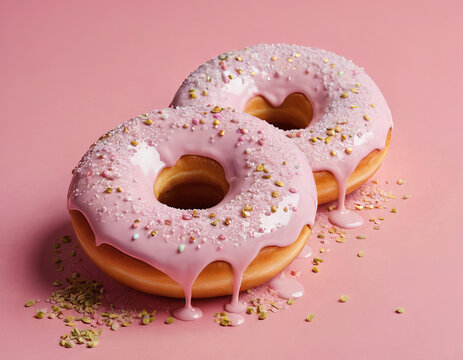 Illustration 3D de beignets en porcelaine &eacute;maill&eacute;e orn&eacute;s de p&eacute;pites d'or chatoyantes et de couleurs pastel