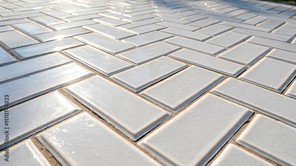 Poster A close look at a partially laid herringbone pattern where bright freshly grouted tiles glisten in the sunlight. The tiles edges are sharp and clean while the spaces in between