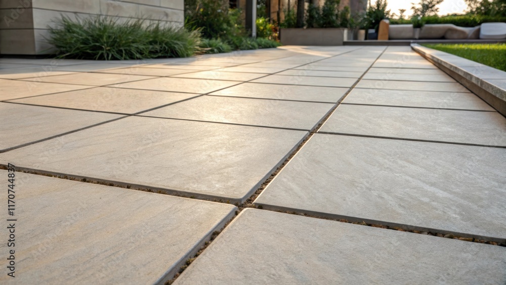 Aufkleber a close look at a serene patio area featuring large ceramic floor tiles arranged in a grid pattern w