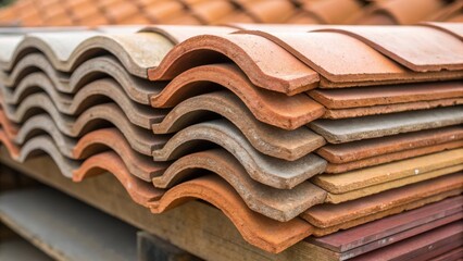 A close observation of a stack of clay roof tiles reveals meticulous organization emphasizing balance and symmetry. Each tile is p with care showcasing a variety of hues and