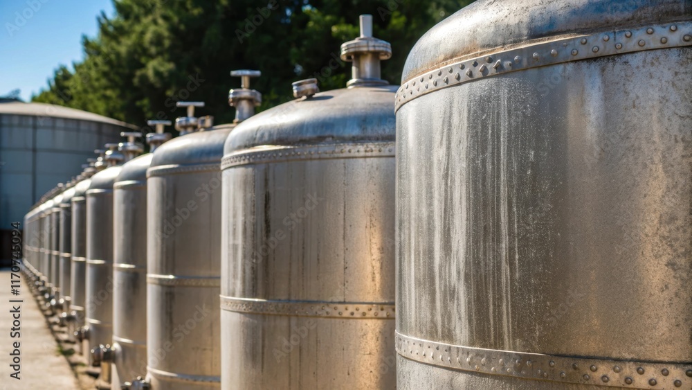 Poster a closeup captures the texture of spray foam insulation tanks outside. the metallic surfaces weather