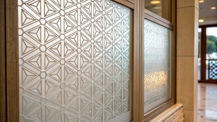 A closeup captures a frosted glass panel adorned with geometric patterns where the simplicity of design meets the elegance of modern living. This piece serves as both a barrier and