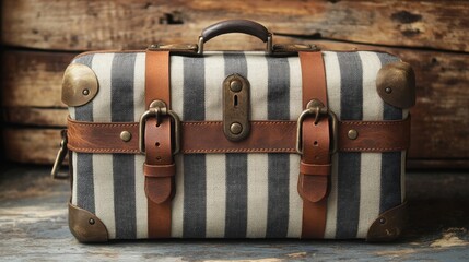 Vintage striped travel suitcase with leather accents resting on weathered wooden surface in rustic setting. Generative AI