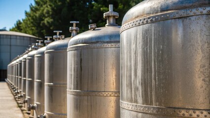 Obraz premium A closeup captures the texture of spray foam insulation tanks outside. The metallic surfaces weathered by time reflect the sunlight while the meticulously organized nozzles appear