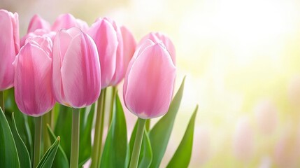Naklejka premium Delicate Pink Tulips Blooming in a Soft Light with Gentle Blurred Background