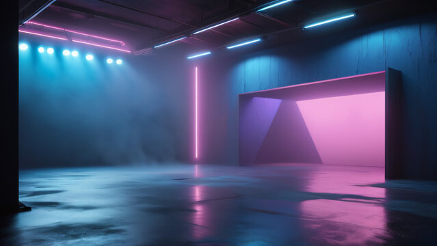 A dark, empty street with abstract blue asphalt serves as a backdrop for a studio room with neon lights, spotlights, and smoke, creating an interior texture for product displays