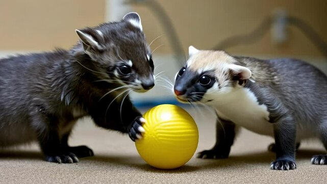 Cute ferrets playing with a yellow ball indoors in playful encounter AI