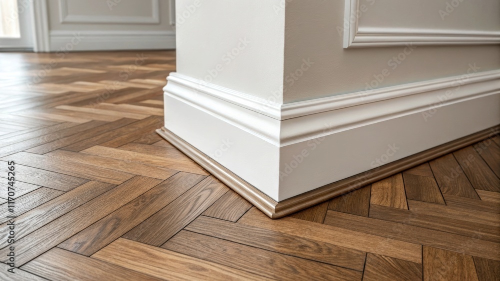 Poster a closeup highlighting the transition between the herringbone floor and a sleek baseboard emphasizin