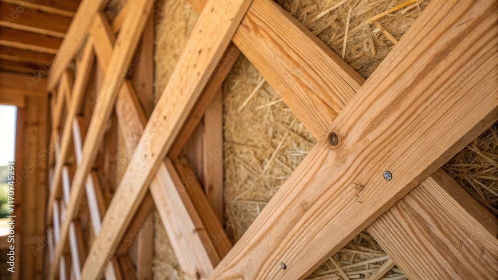 Poster A closeup focus on the intersecting wooden studs their rich grain visible in the soft lighting. The insulation peeks out between the framing creating a striking contrast against