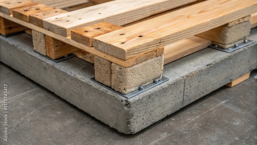 Poster a closeup of a corner joint where a wooden pallet overlaps with a cinder block showcases the contras