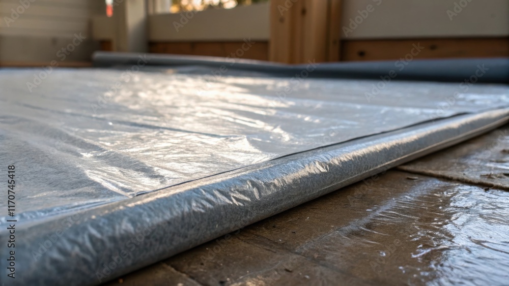Poster A closeup of a corner of the unwrapped underlayment that shows its waterproof barrier glistening subtly in the light. The sheen indicates its functional purpose providing