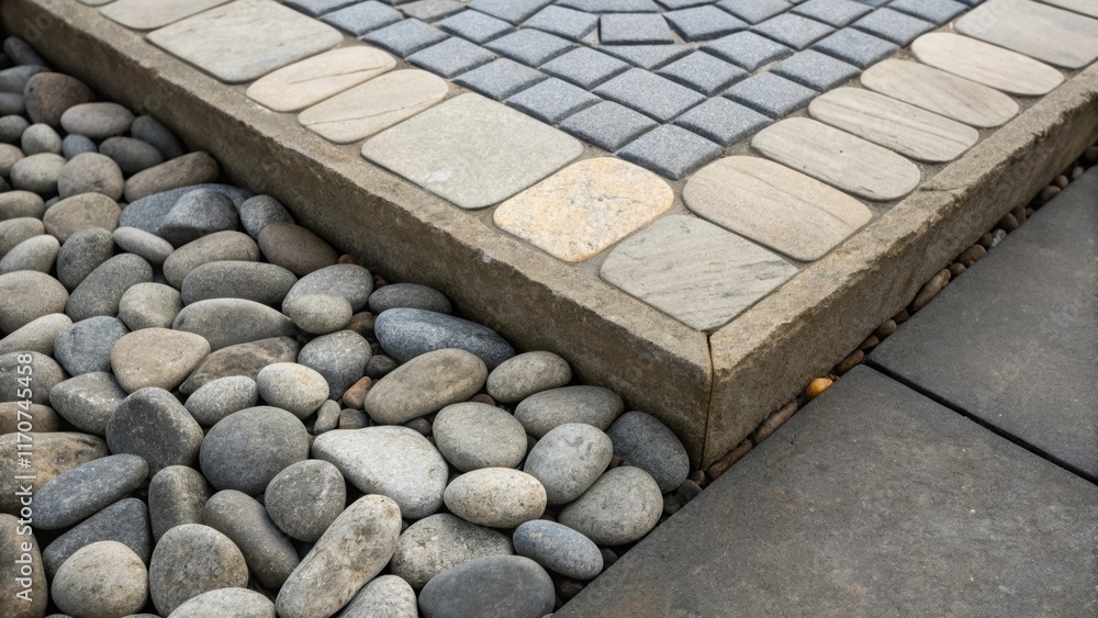 Aufkleber a closeup of a corner where the stone pavers meet a meticulously p border of smooth river stones off