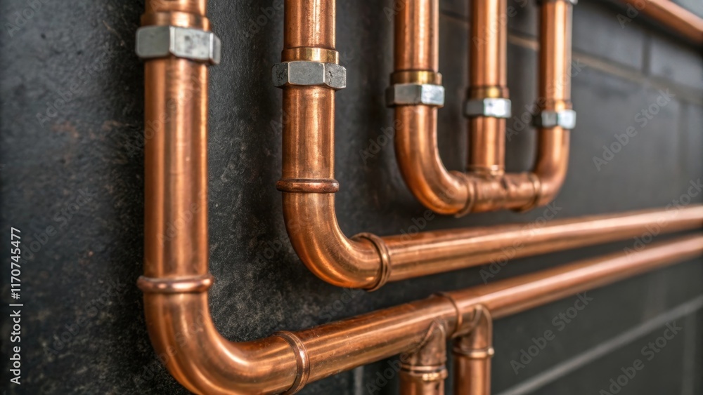 Aufkleber A closeup of a fitting where multiple copper pipes converge showcasing an array of angles and solder seams. The contrast between the bright copper and the dark textured background