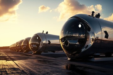 Advanced transportation capsules lined up under a beautiful sunset at a futuristic site