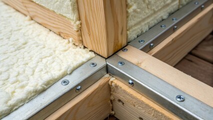 A closeup of a framing corner where wooden studs meet reinforced with a durable angle connector. The photo captures the gapfilling foam insulation being applied next to the metal